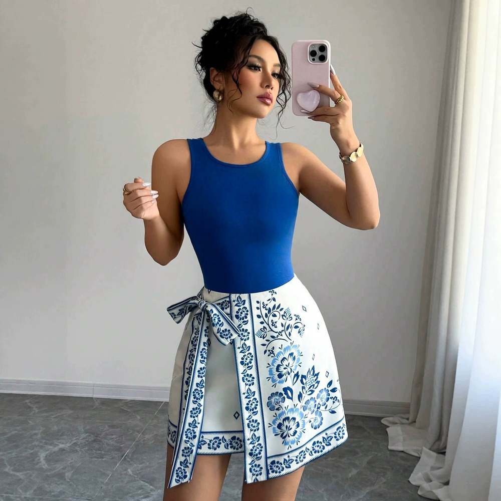 Zara Printed Sleeveless Tank Top and Skirt Set Fitted Design